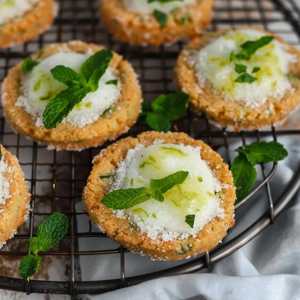 Mojito sugar cookies decorated with mint leaves and lime zest