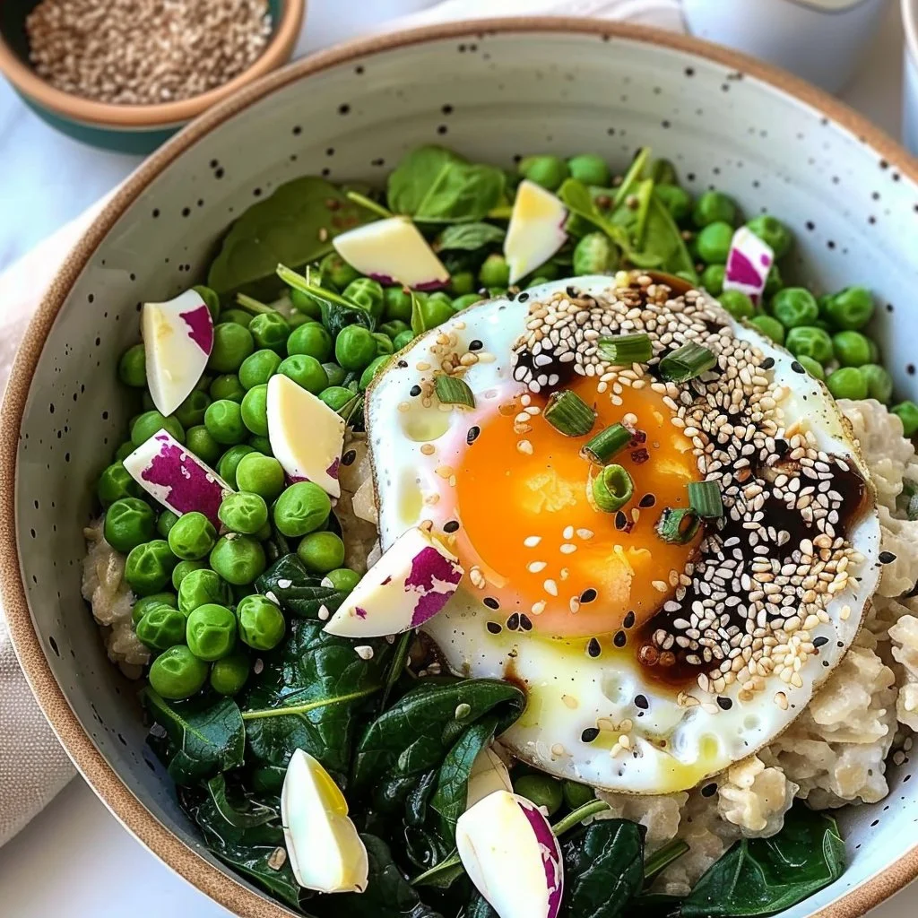 Savory oatmeal bowl with egg and spinach for a healthy breakfast