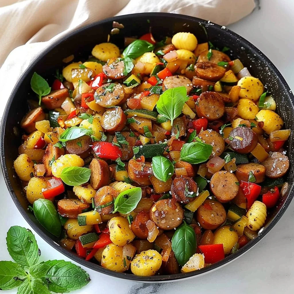 One-pan sausage gnocchi with colorful vegetables ready to serve