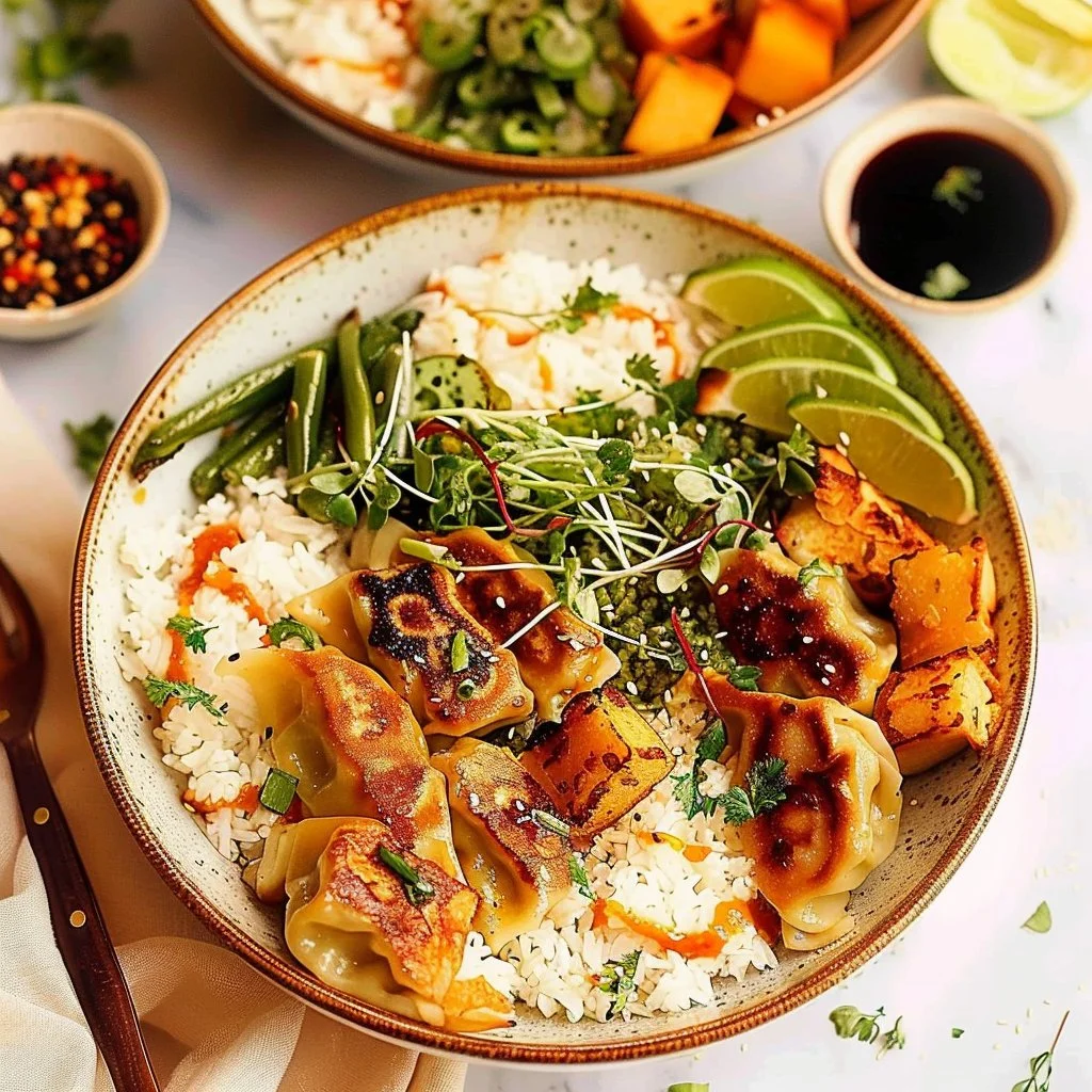 Oven Gyoza Bowls topped with crispy dumplings and fresh ingredients