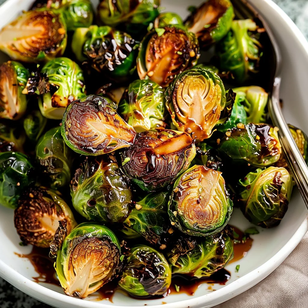 Oven roasted Brussels sprouts topped with balsamic glaze on a serving plate