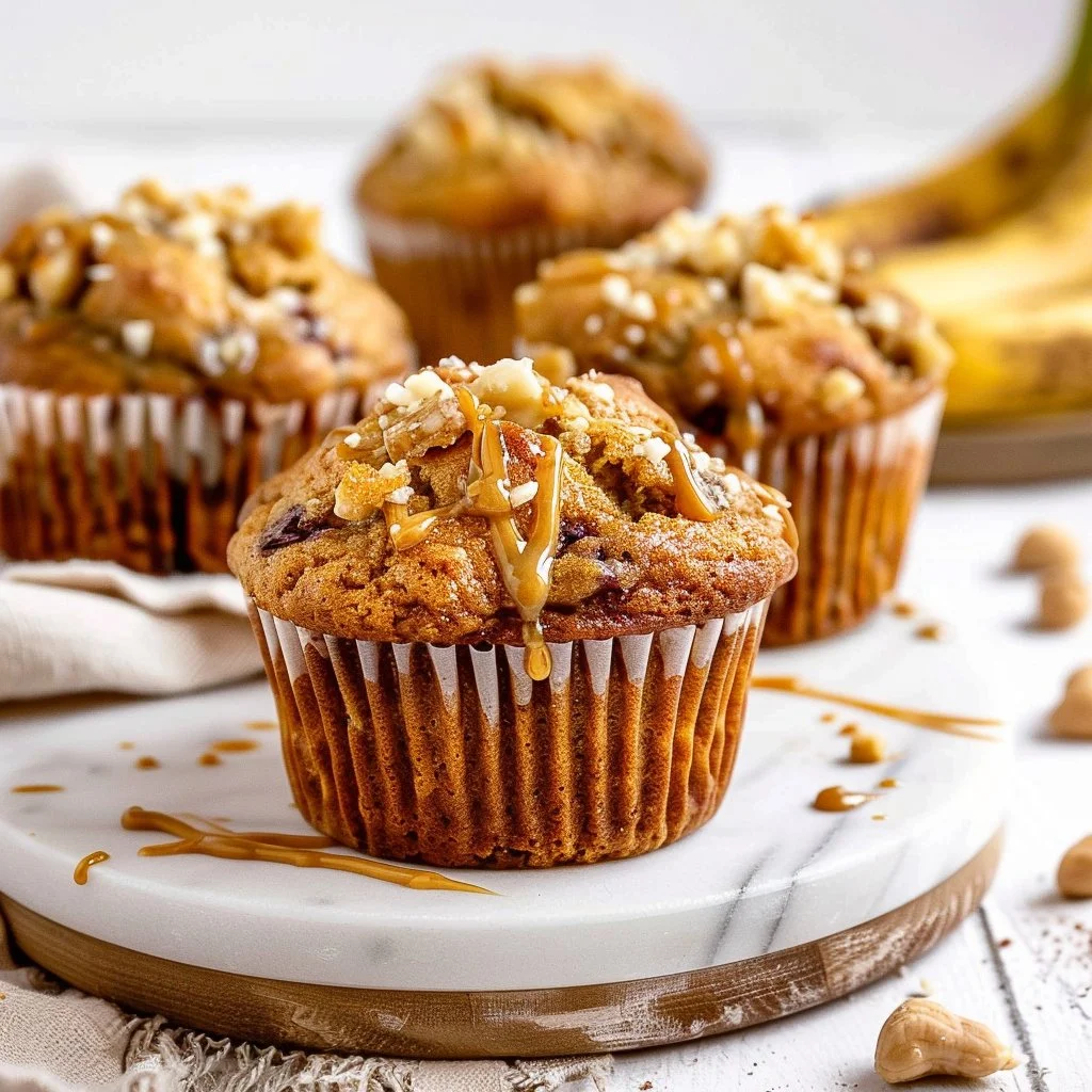 Delicious peanut butter banana muffins on a wooden table