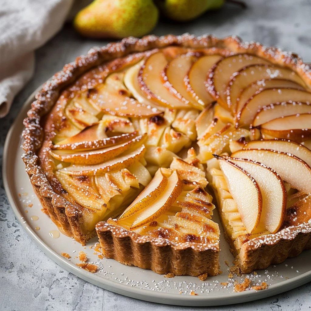 Delicious pear frangipane tart with sliced pears and almond cream topping.