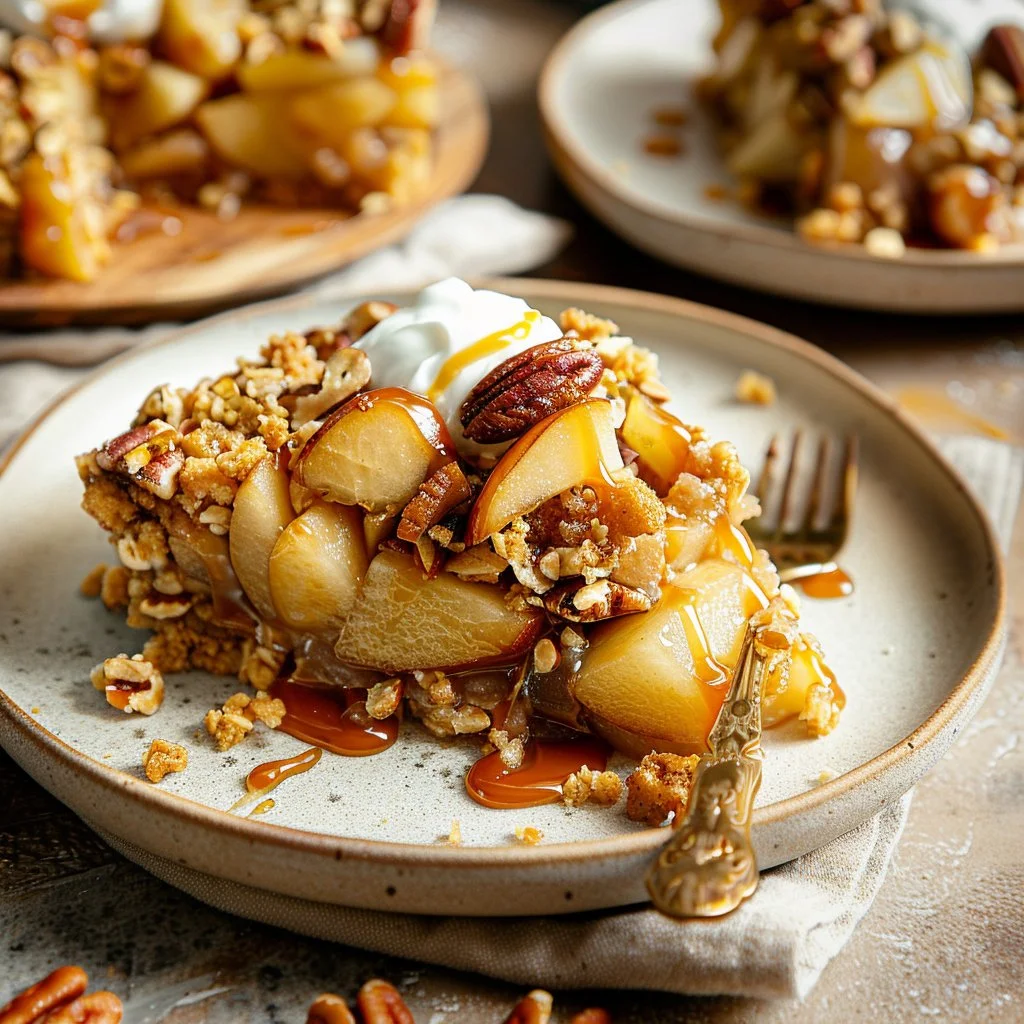 Delicious Pear Pecan Caramel Crumble dessert served in a dish
