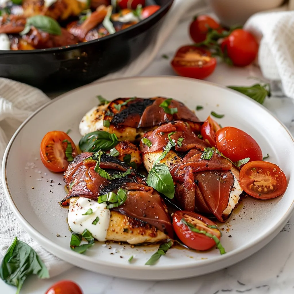 Prosciutto-Wrapped Caprese Chicken with mozzarella and basil garnish