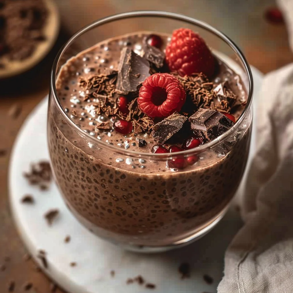 Protein-packed chocolate chia pudding served in a bowl with toppings