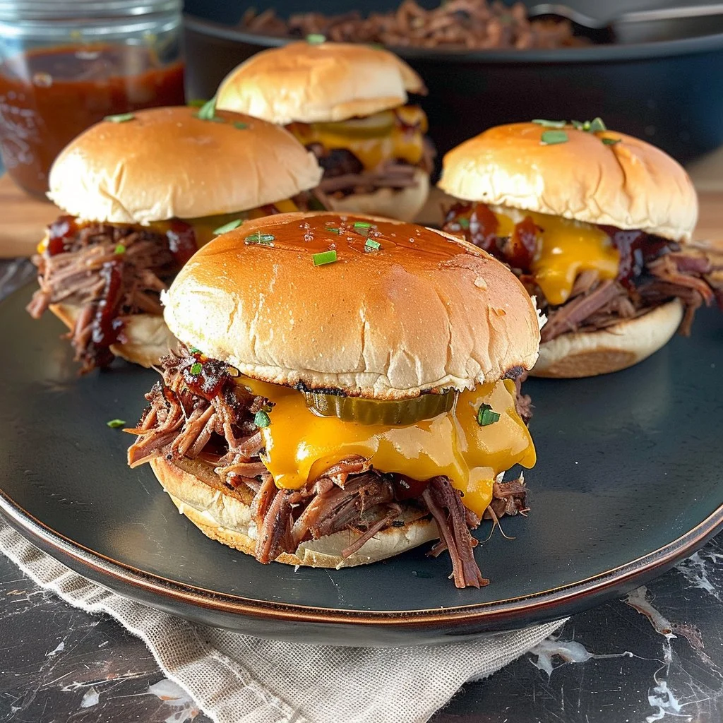 Delicious pulled beef cheddar sliders served on a platter.