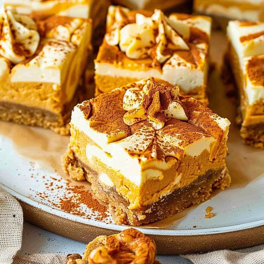 Delicious Pumpkin Cheesecake Bars with Cream Cheese Swirl served on a plate