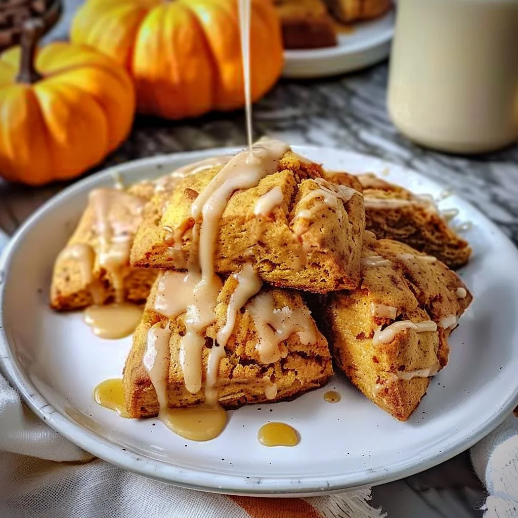 Delicious pumpkin scones with spiced maple glaze on a plate