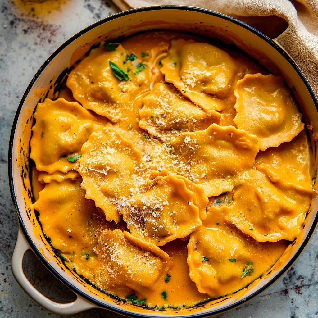 Ravioli in creamy butternut squash sauce garnished with herbs