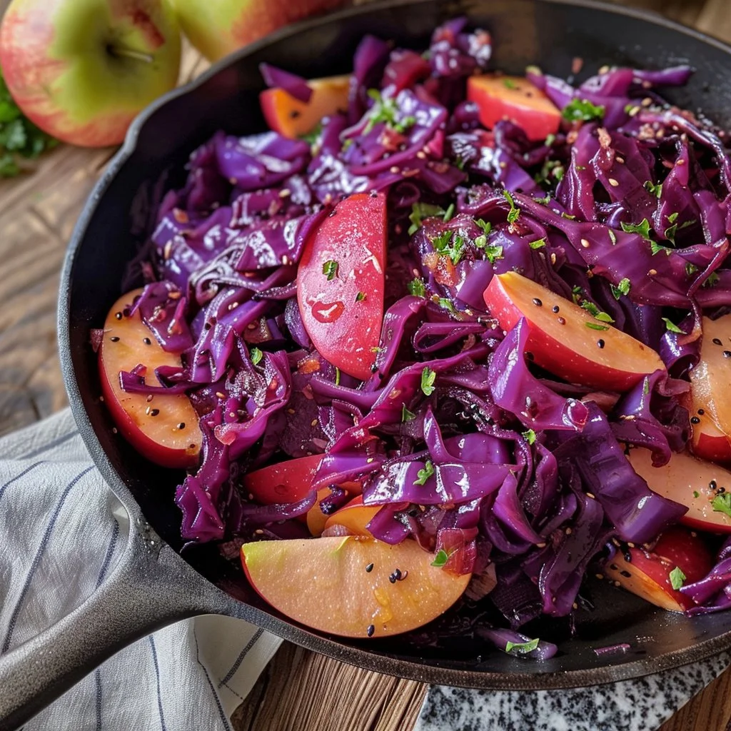 Red cabbage with apples served as a tangy sweet-sour side dish.