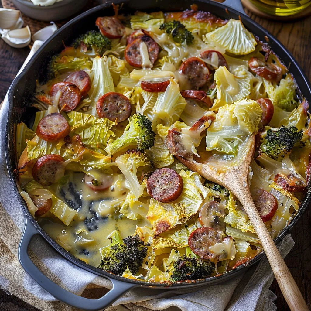 Sausage Cabbage Bake with Broccoli and Cheese in a baking dish