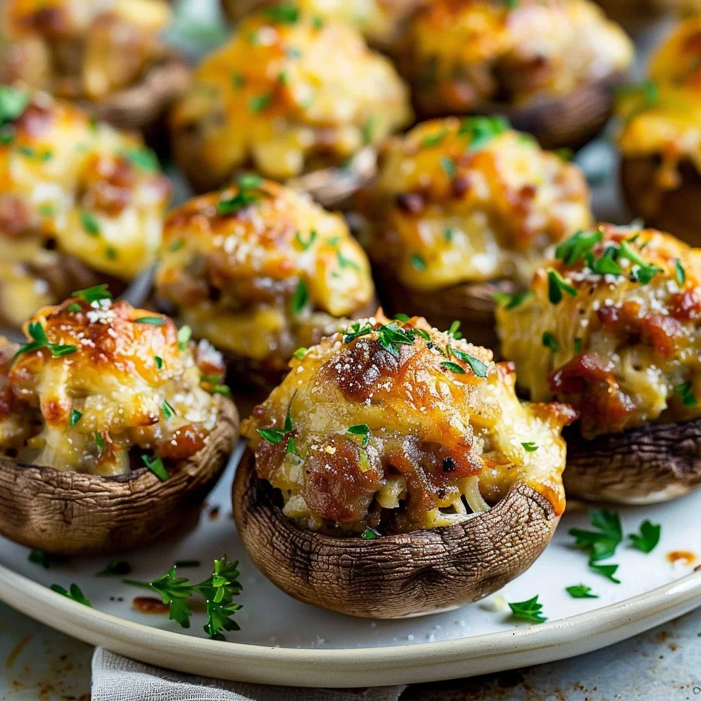 A delicious plate of sausage stuffed mushrooms ready to be served as an appetizer.