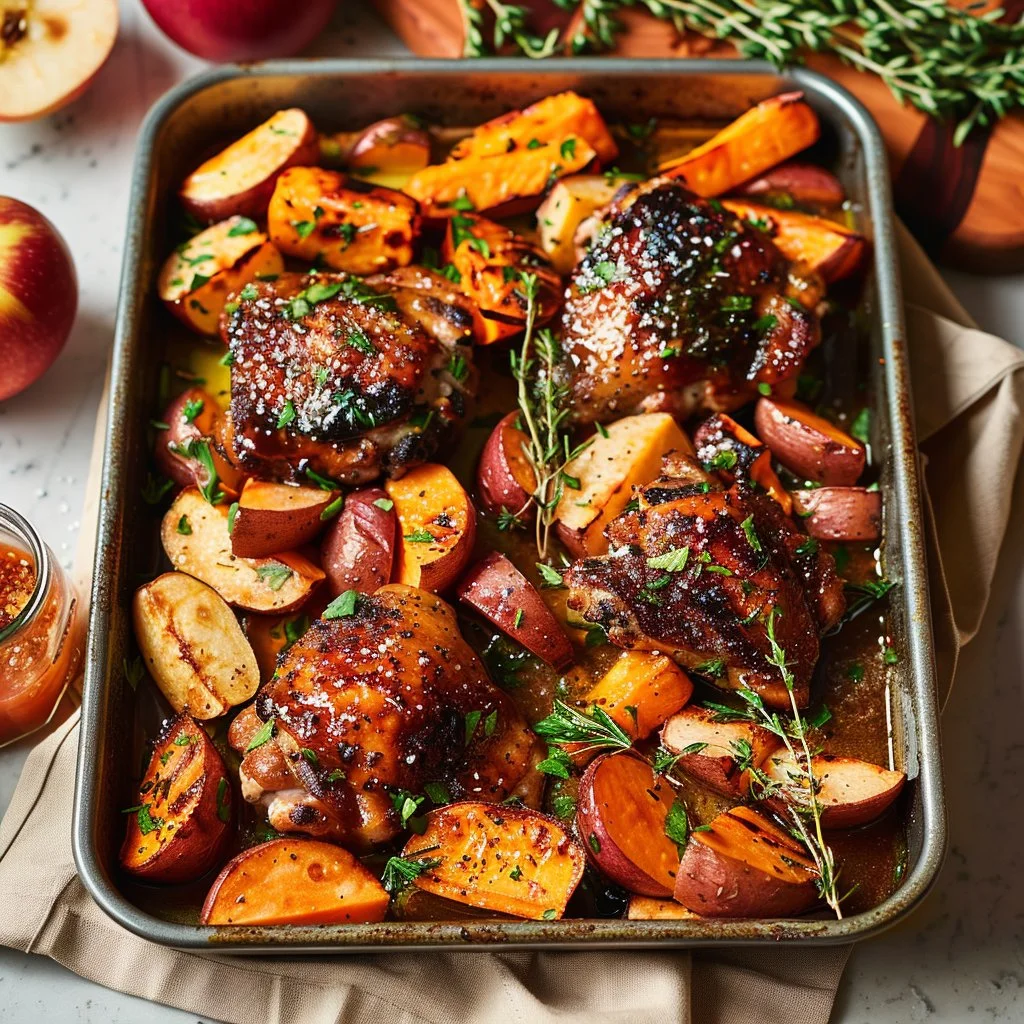 Sheet pan apple cider glazed chicken thighs with sweet potatoes