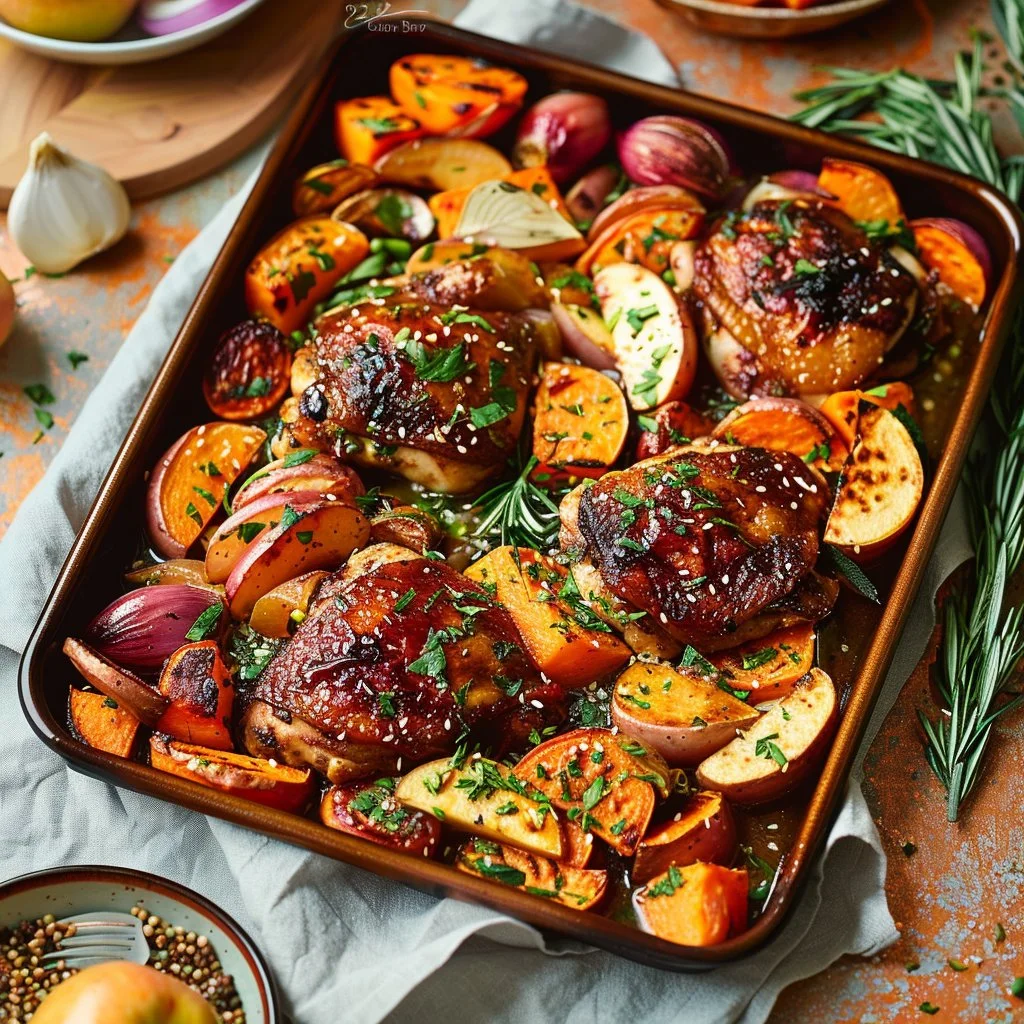 Sheet Pan Apple Cider Glazed Chicken Thighs with Roasted Sweet Potatoes