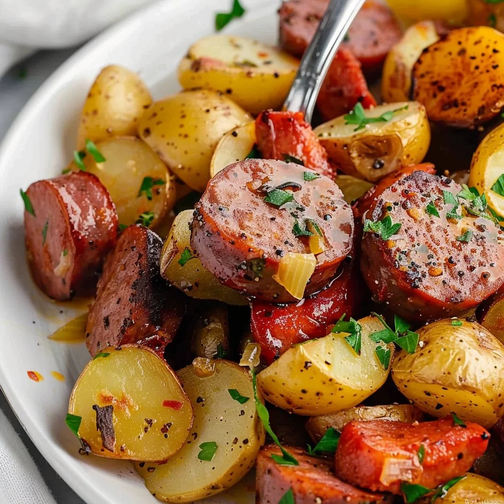 Sheet pan meal featuring smoked sausage and golden potatoes, ready to bake.
