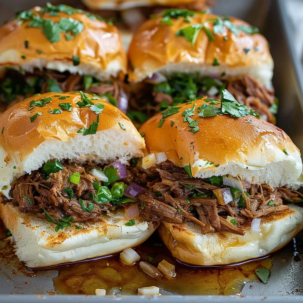 Tasty shredded beef sliders on a wooden board with garnishes