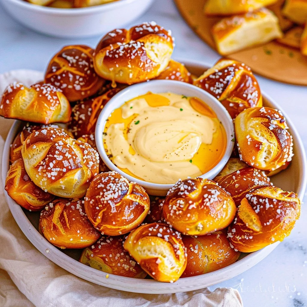 Delicious soft pretzel bites served with creamy beer cheese for dipping