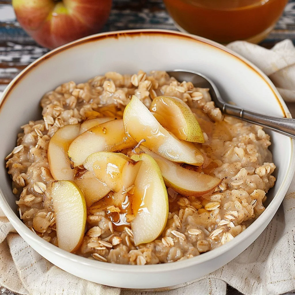 A bowl of spiced pear oatmeal topped with cinnamon and nuts, perfect for fall breakfasts.