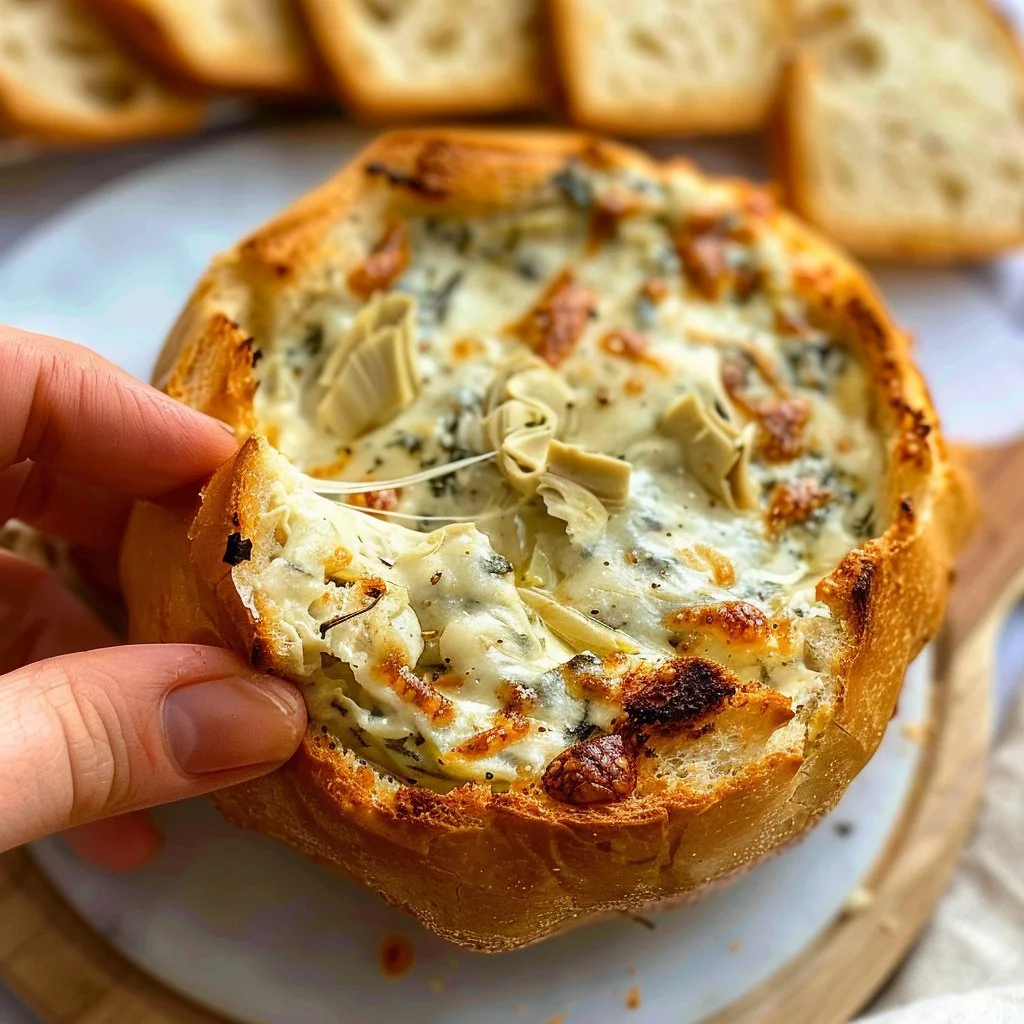 Creamy Spinach Artichoke Dip served in a bread bowl