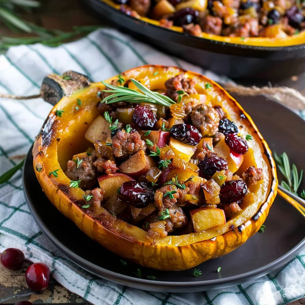 Stuffed acorn squash filled with sausage, apples, and cranberries on a plate.