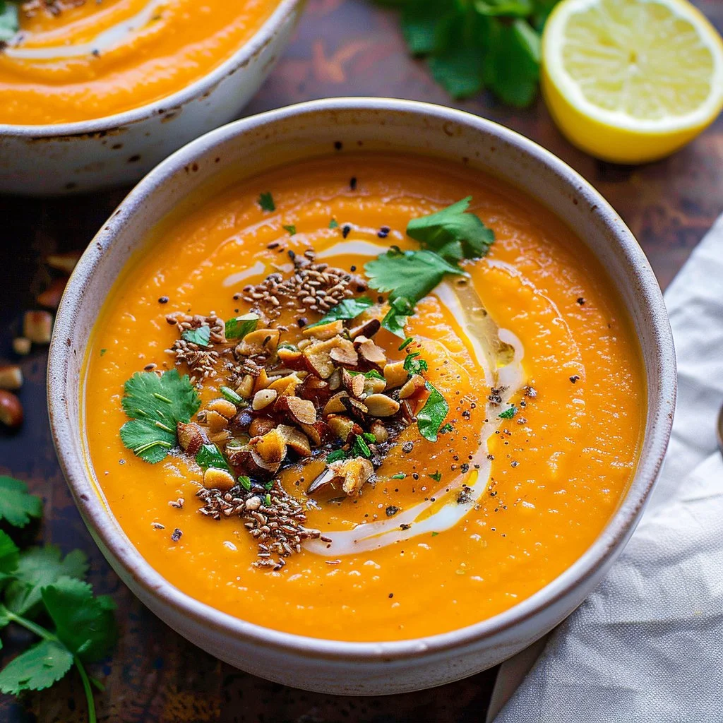 Creamy sweet potato soup with carrot and ginger in a bowl