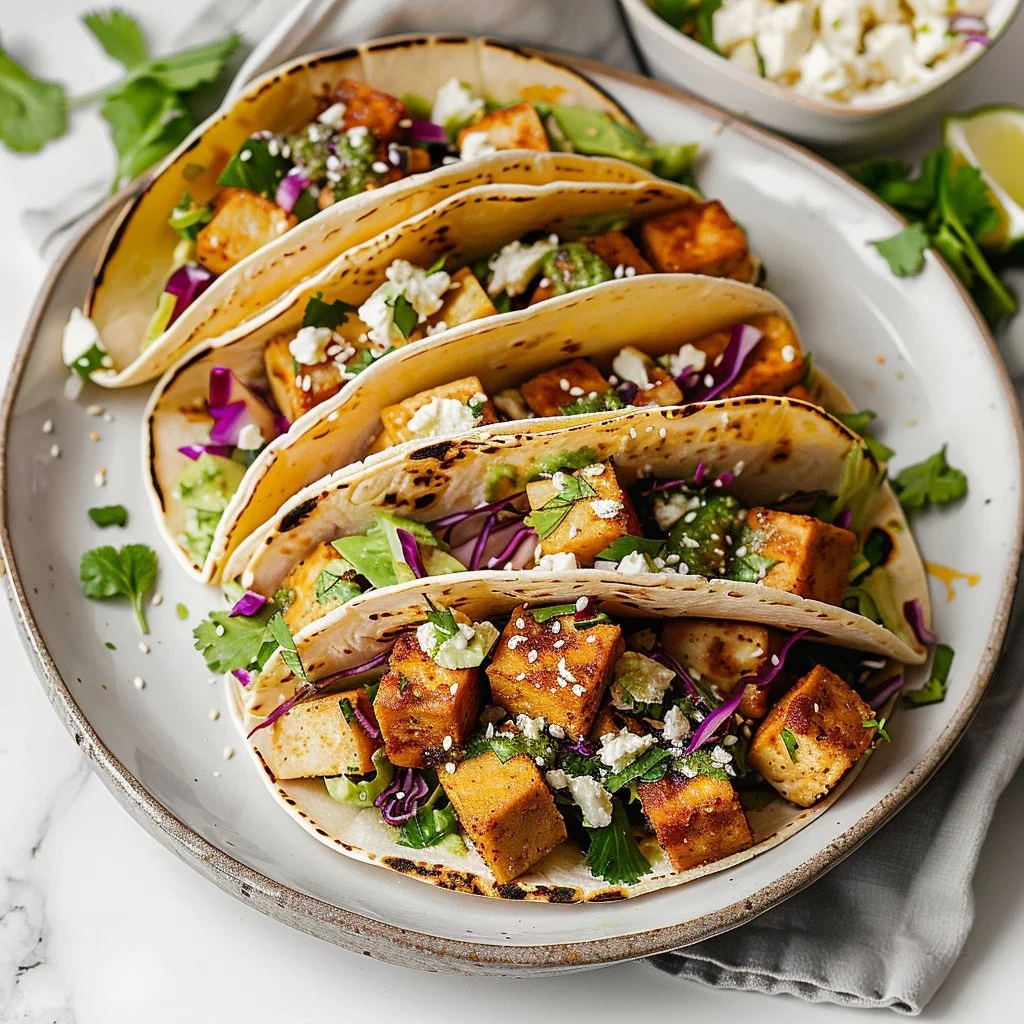 Delicious tofu tacos topped with crispy vegetables and spices.