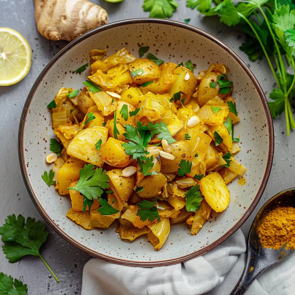 Turmeric Cabbage mixed with potatoes in a vibrant one-pan dish