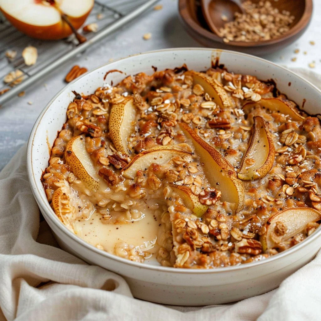 Delicious Vanilla Brown Butter Pear Baked Oatmeal in a bowl with fresh pears