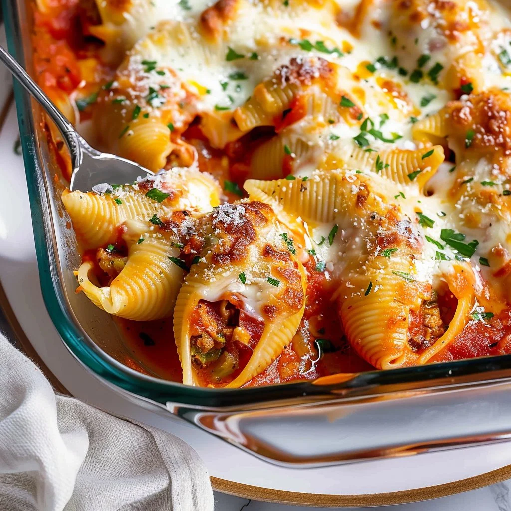 Vegetarian stuffed shells with three cheeses, a delicious pasta dish.