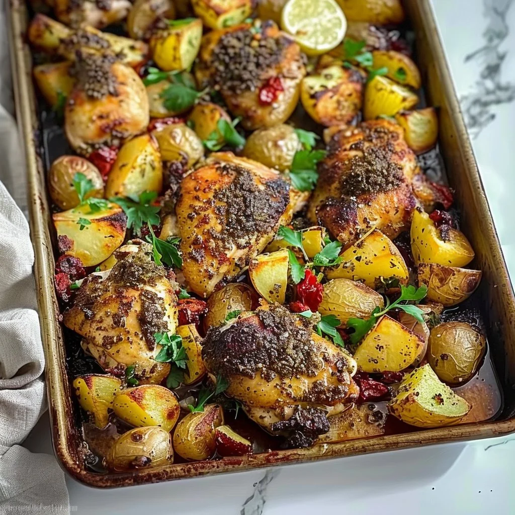 Za'atar Chicken Sheet Pan Dinner with Potatoes ready to serve.