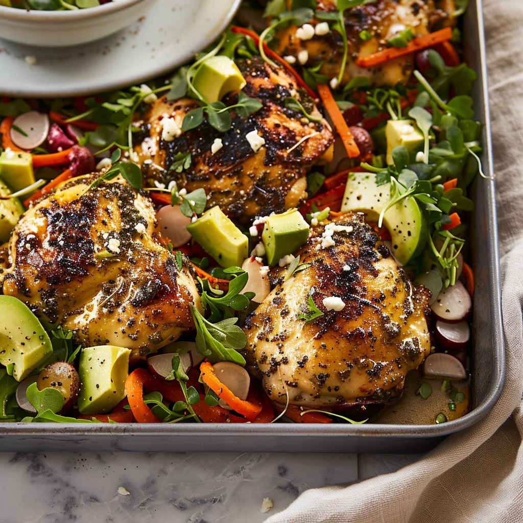 Za’atar Chicken sheet pan with carrot and avocado salad for a healthy meal