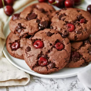 Ancho Chili Chocolate Cherry Cookies on a plate, showcasing their bold and sweet ingredients.