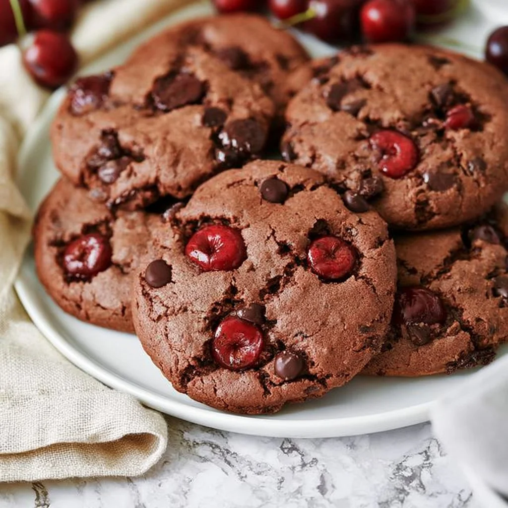 Ancho Chili Chocolate Cherry Cookies on a plate, showcasing their bold and sweet ingredients.