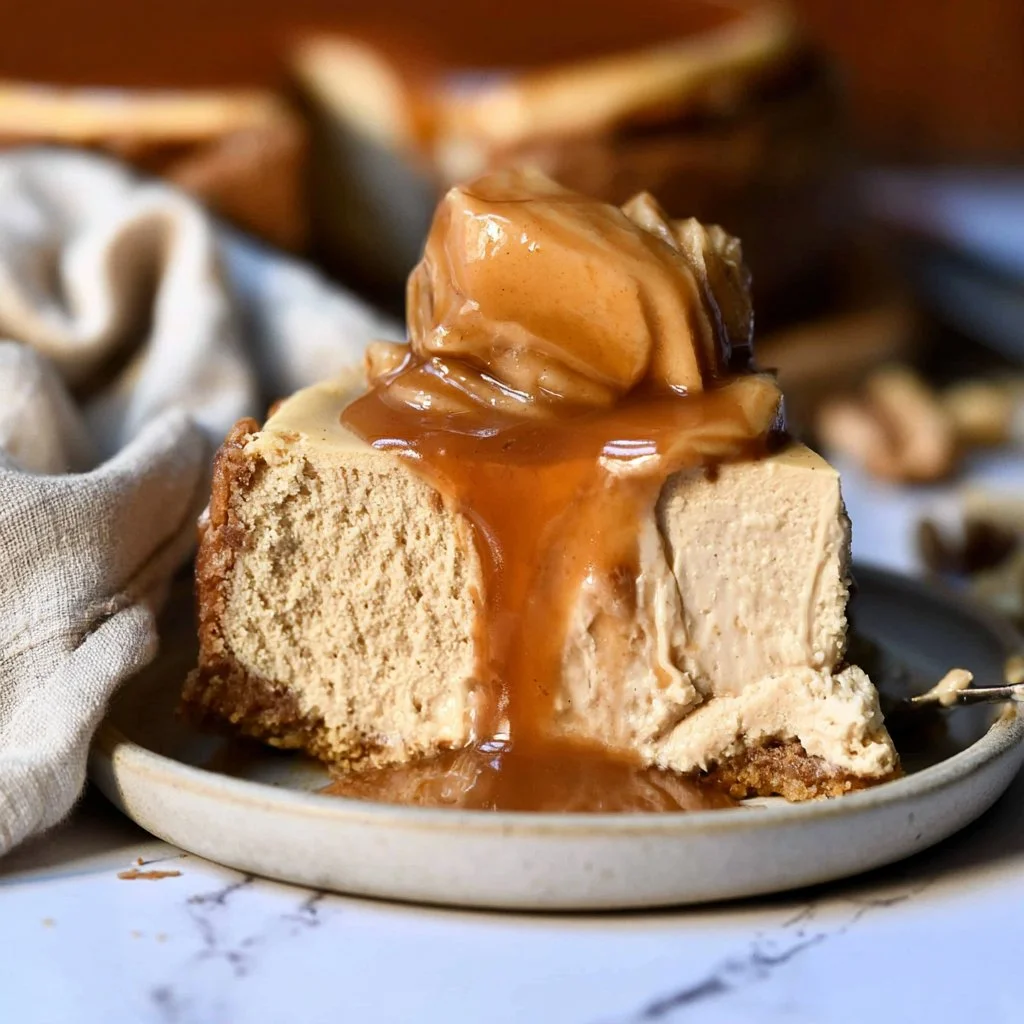 Slice of apple cider cheesecake topped with caramel drizzle and apple slices