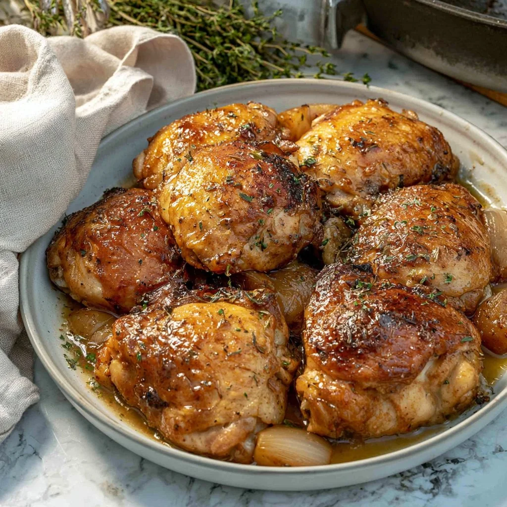Skillet apple cider glazed chicken thighs garnished with herbs.
