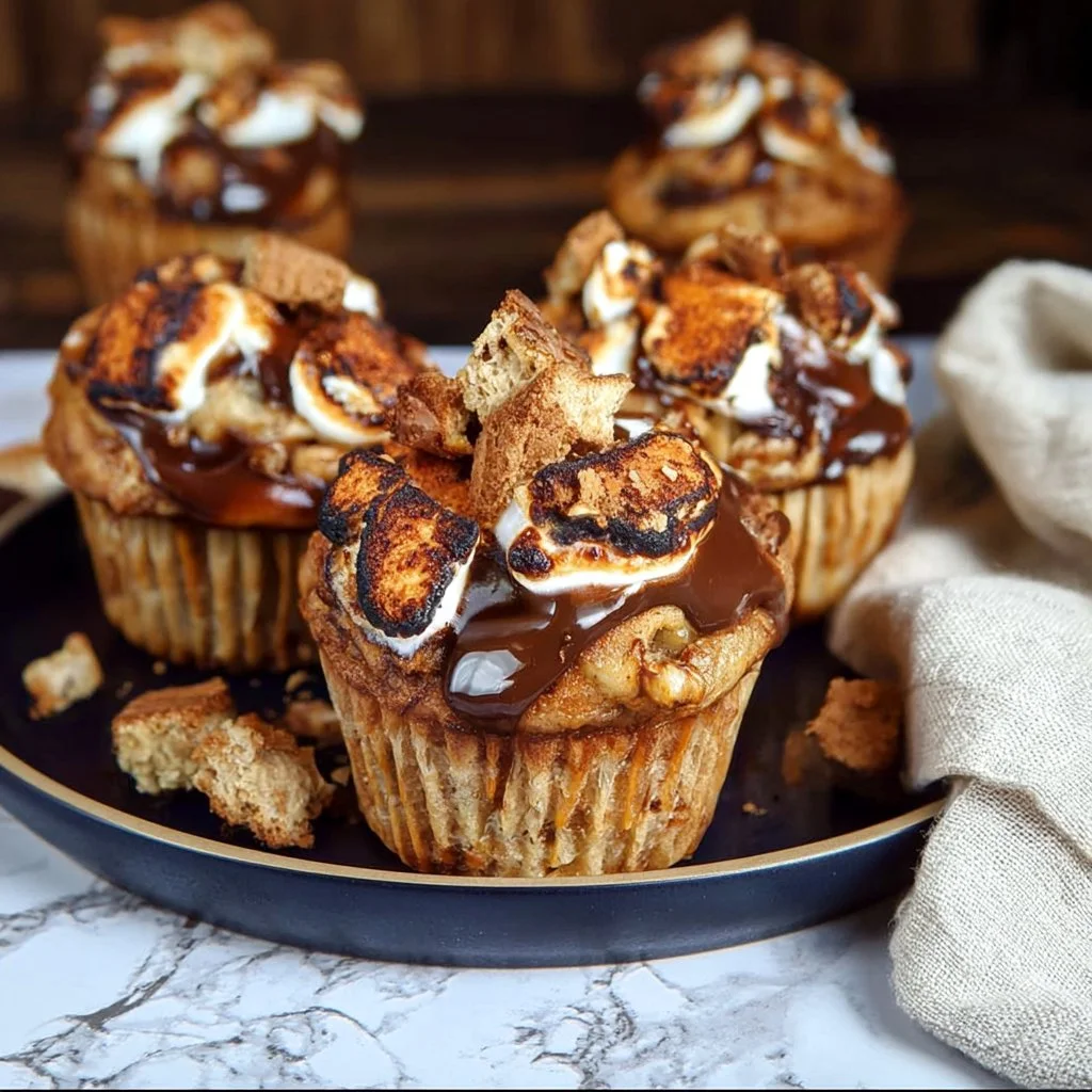 Banana S'mores Muffins with gooey marshmallow and banana pieces