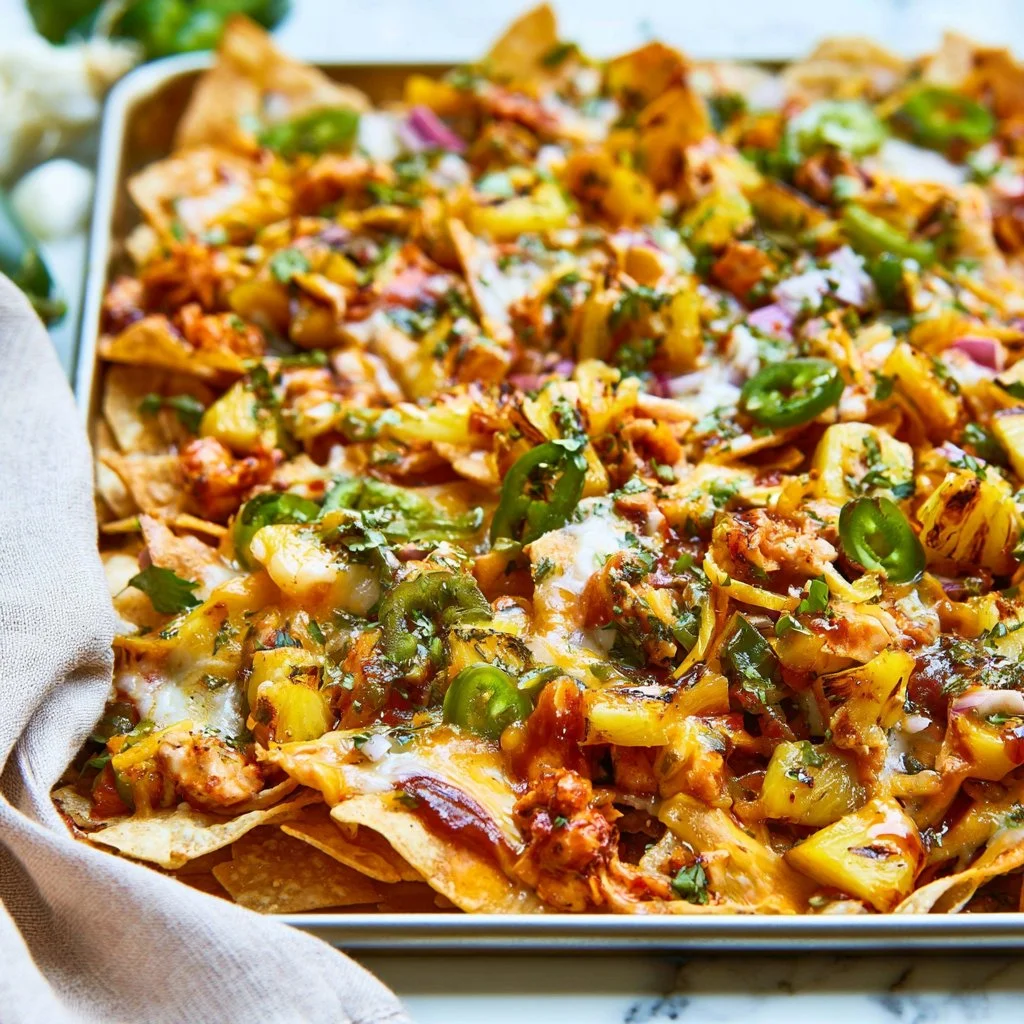 BBQ chicken nachos topped with grilled pineapple on a plate
