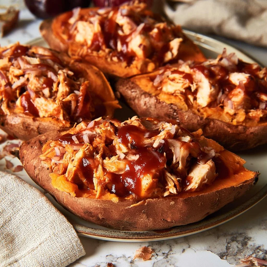 BBQ chicken stuffed inside sweet potatoes, garnished and ready to serve.