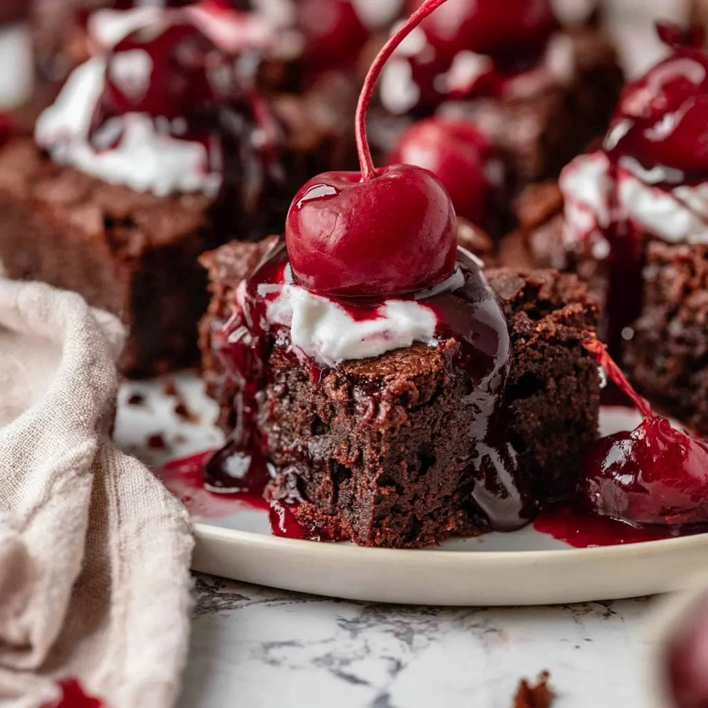 Delicious Black Forest Brownies topped with cherries and chocolate drizzle