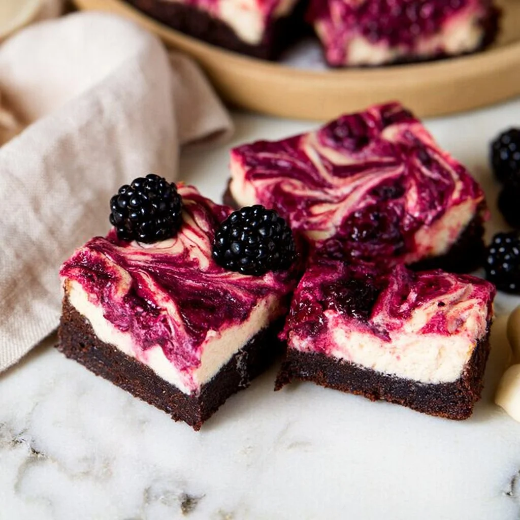 Delicious blackberry cheesecake brownies served on a plate