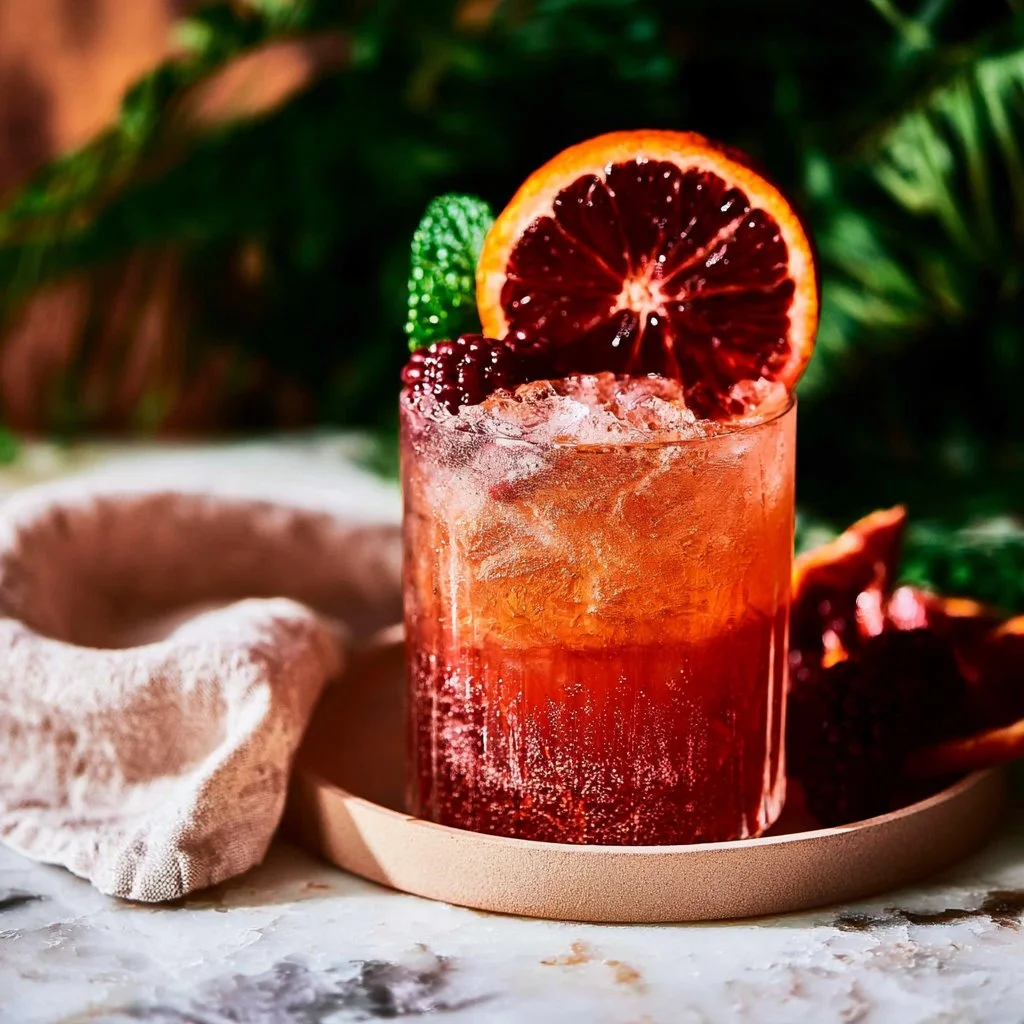 Blood Orange Mocktail with blackberries and sparkling water in a glass.