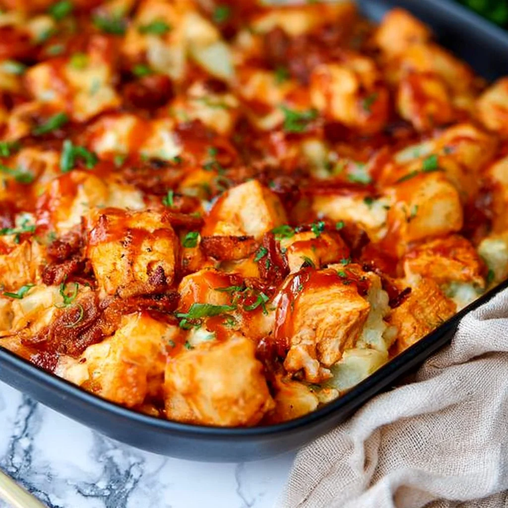 Buffalo Chicken Casserole garnished with herbs and served in a baking dish
