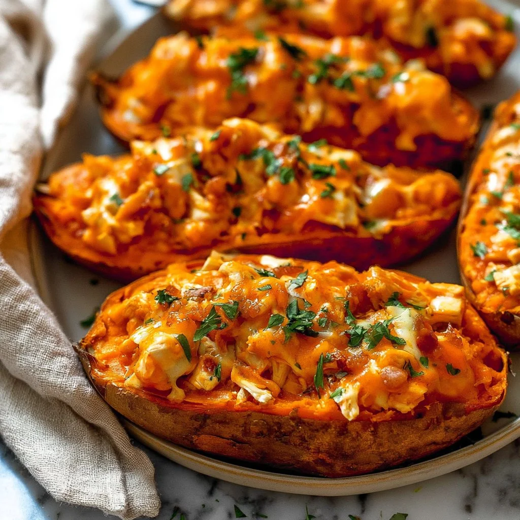 Buffalo Chicken Stuffed Sweet Potatoes served on a plate