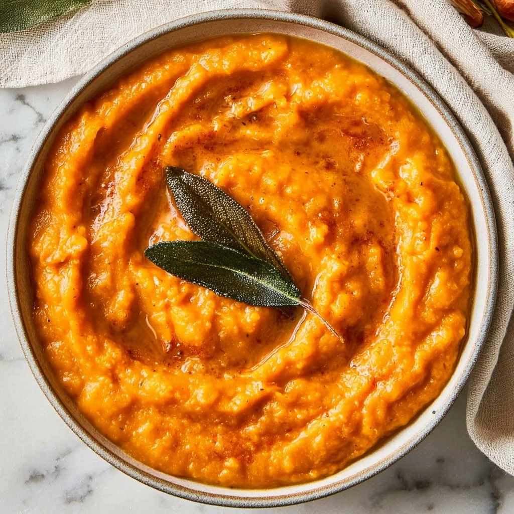 Delicious butternut squash purée topped with brown butter and sage