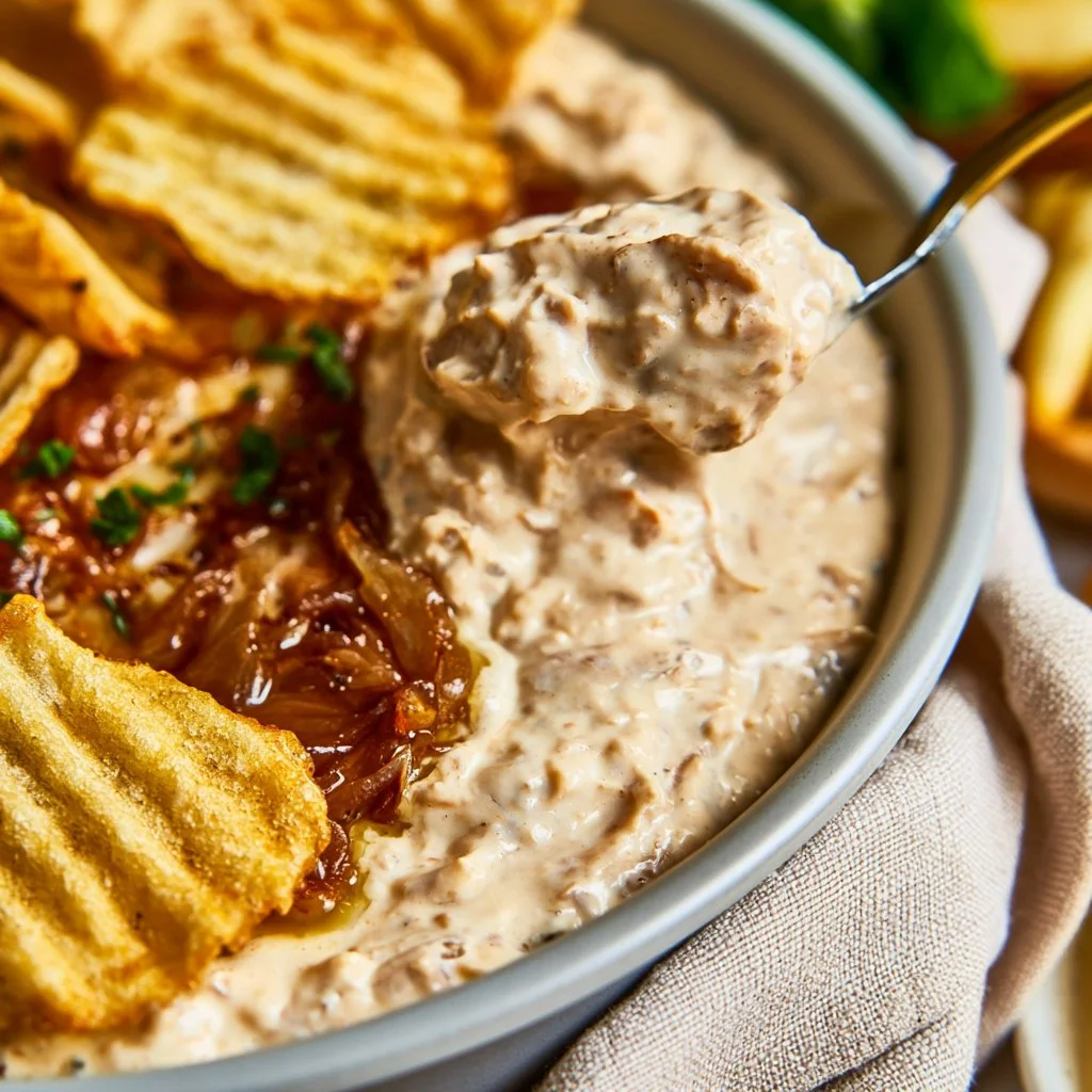 Caramelized French Onion Dip served with Wavy Potato Chips
