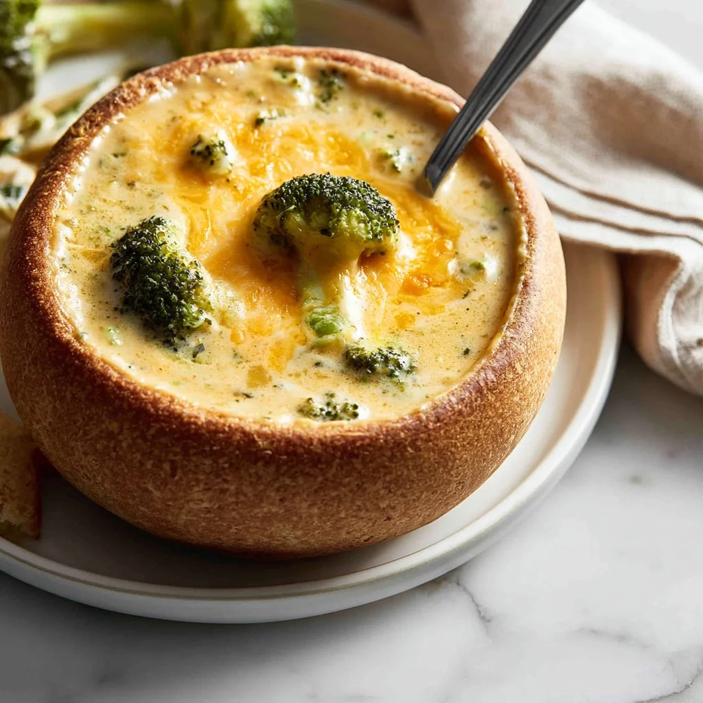 Creamy Cheddar Broccoli Soup from Panera Bread served in a bowl