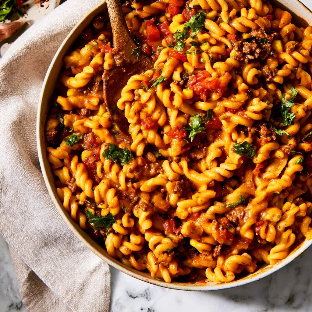 Cheesy taco pasta in a pot, ready to serve for a quick meal.
