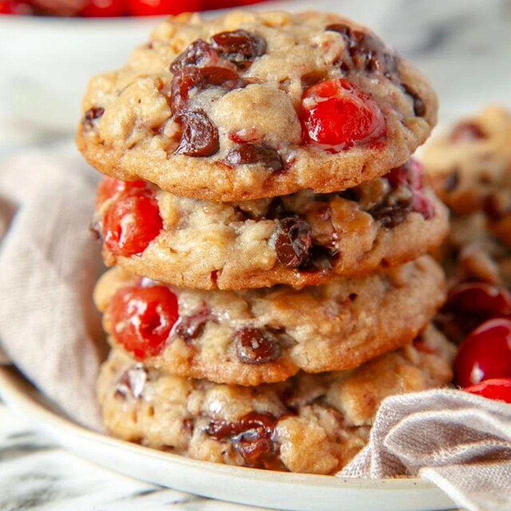 Freshly baked cherry chocolate chip cookies on a cooling rack