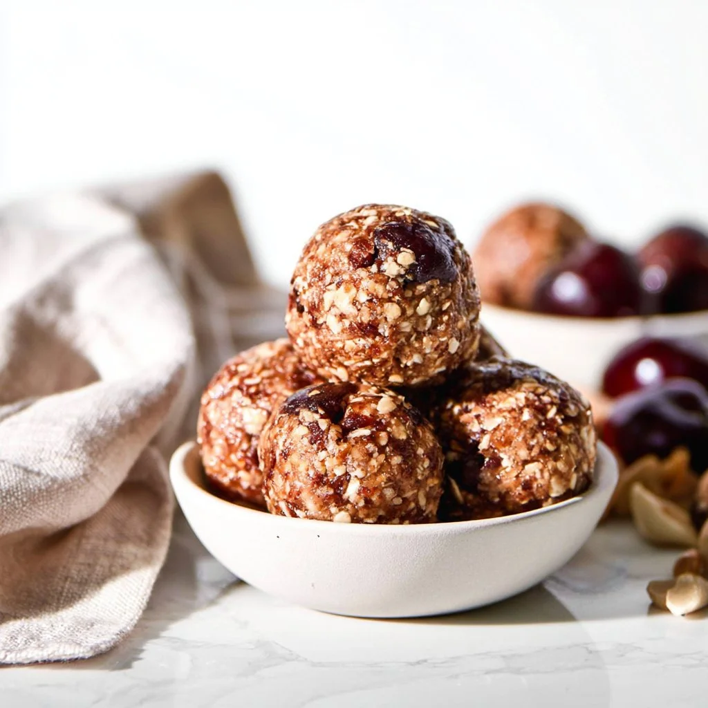 No-bake Cherry Pie Energy Balls on a wooden board with fresh cherries